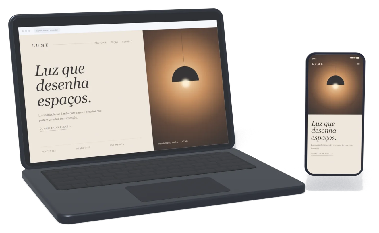 Projeto-conceito Studio Lume no notebook e no celular